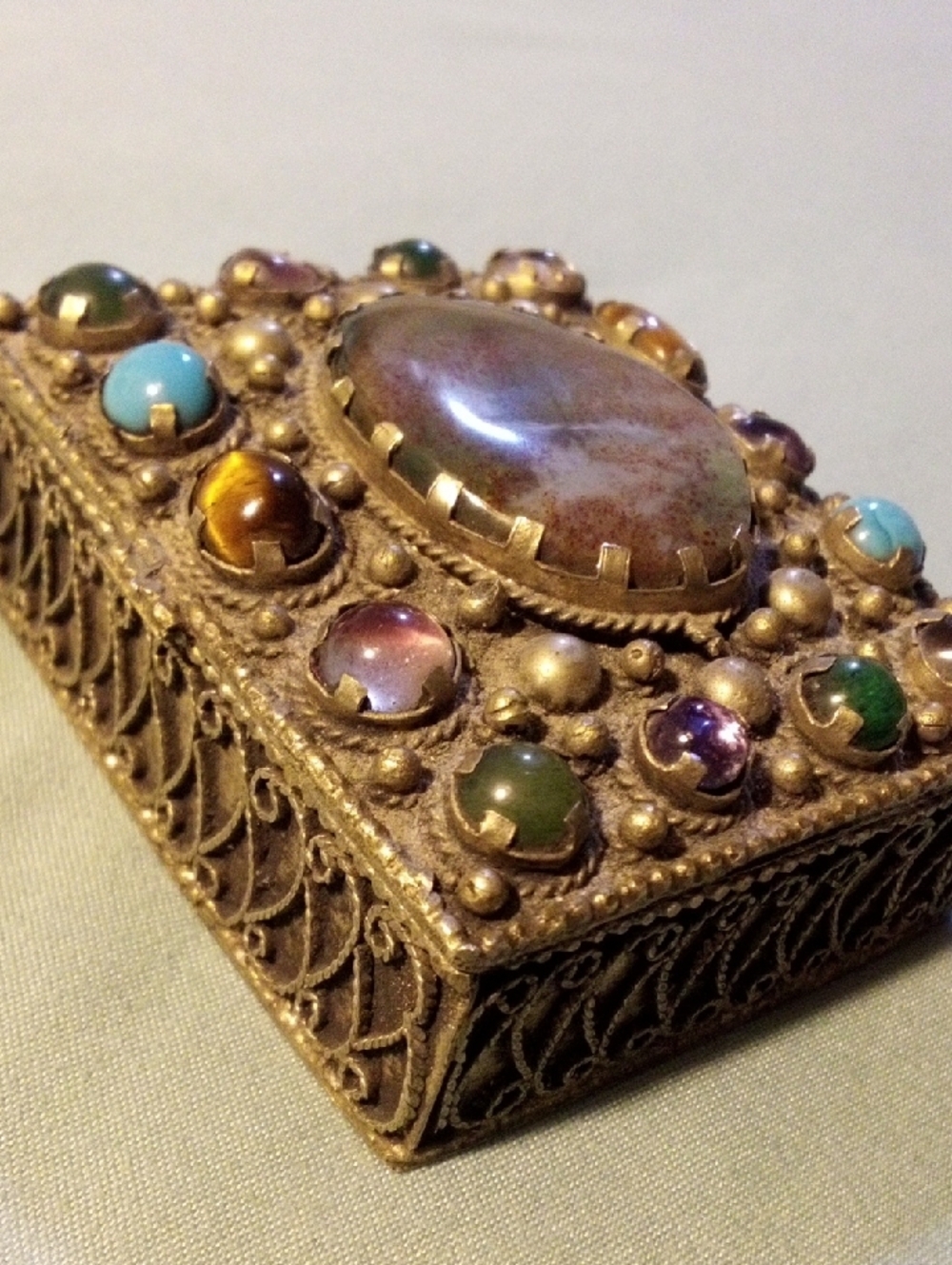 Gold-Brass Tone Multicolor Stone Jewelry Box - Picture 3 of 9